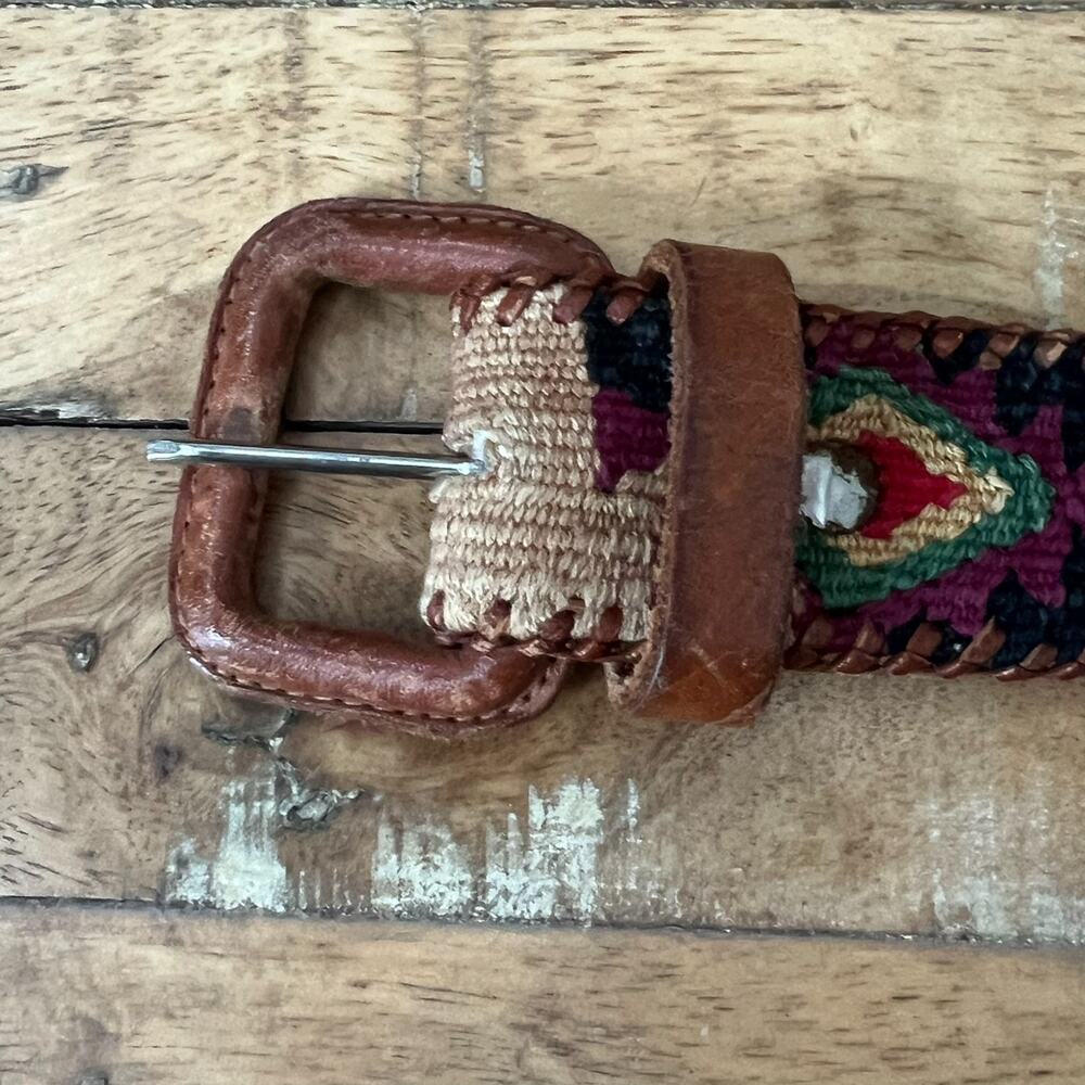 The Leather Belt 34 Handcrafted Multicolor Southwestern Woven Vintage - Picture 7 of 13